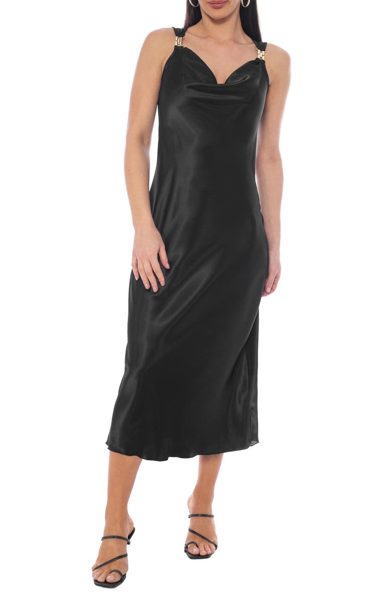 TASH AND SOPHIE Chain Strap Cowl Neck Satin Midi Dress, Main, color, 