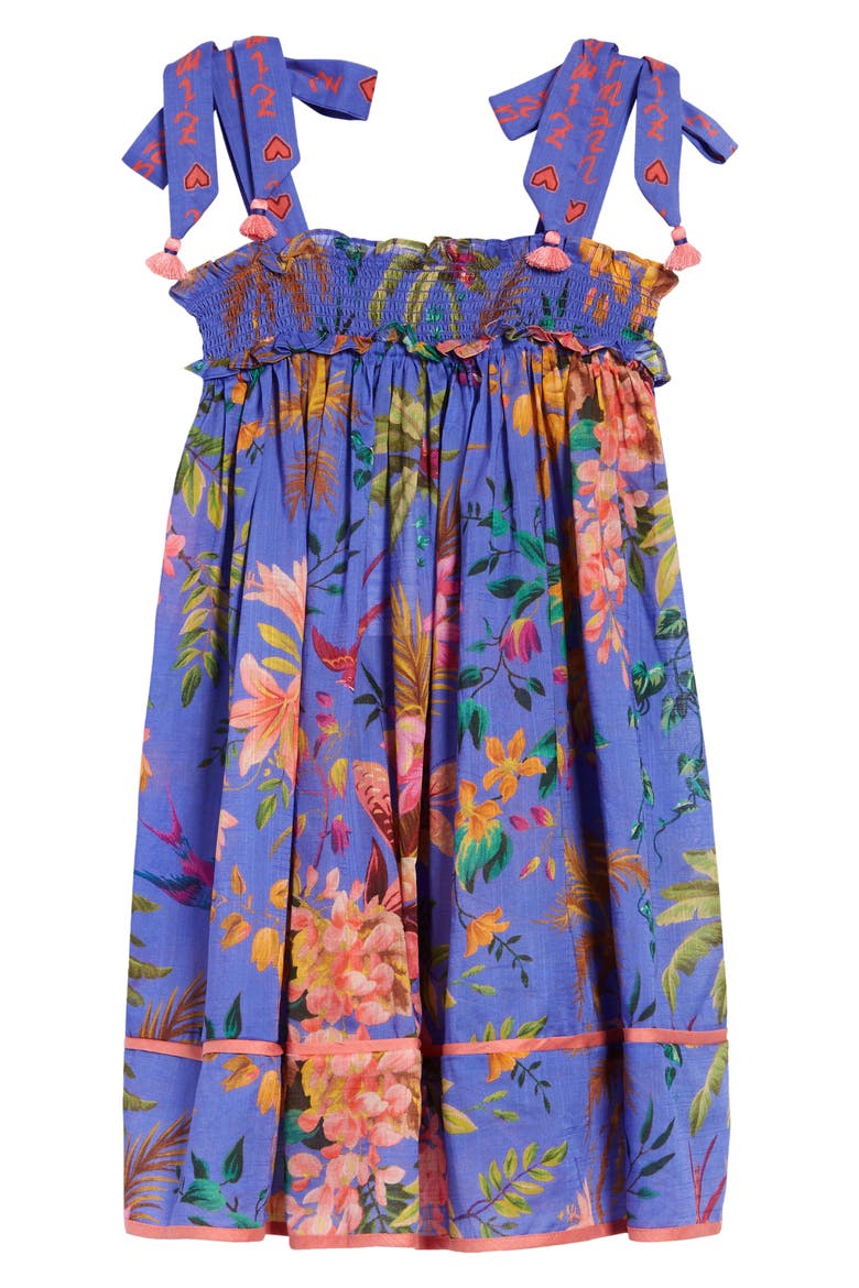 Kids' Tropicana Print Shirred Cotton Sundress, Main, color, BLUE FLORAL