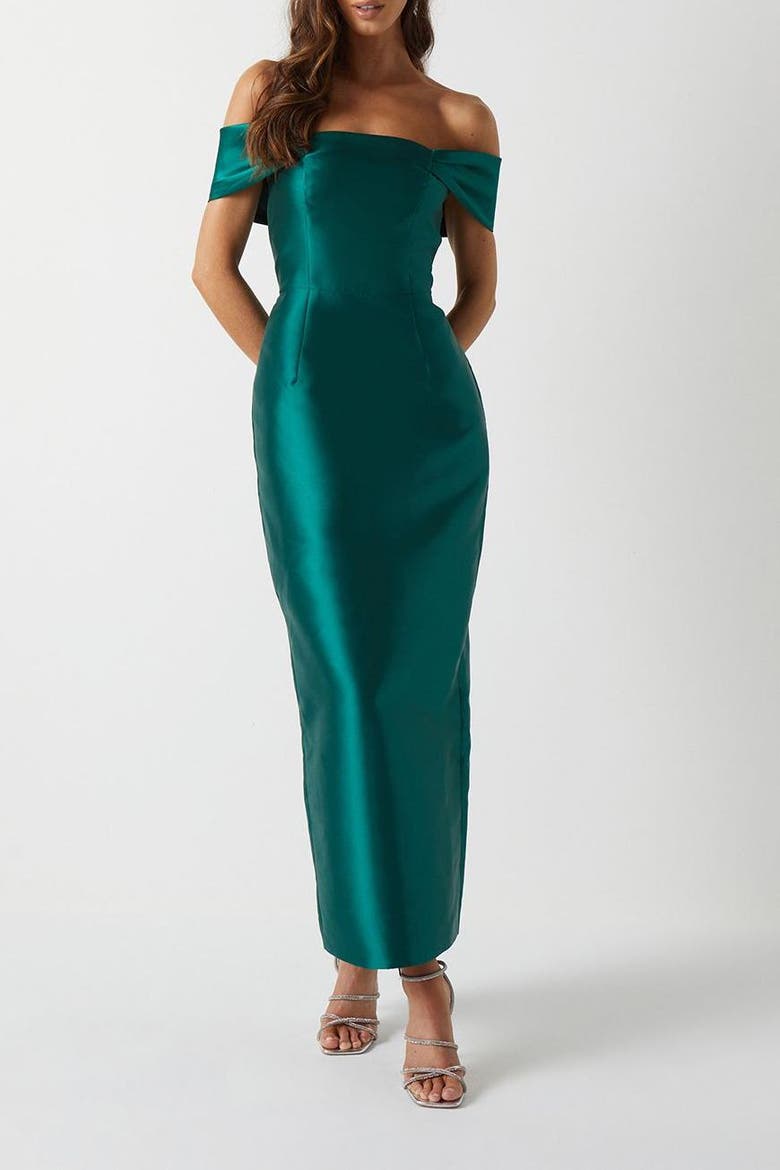 Honoured Twill Bardot Maxi Dress, Alternate, color, Emerald