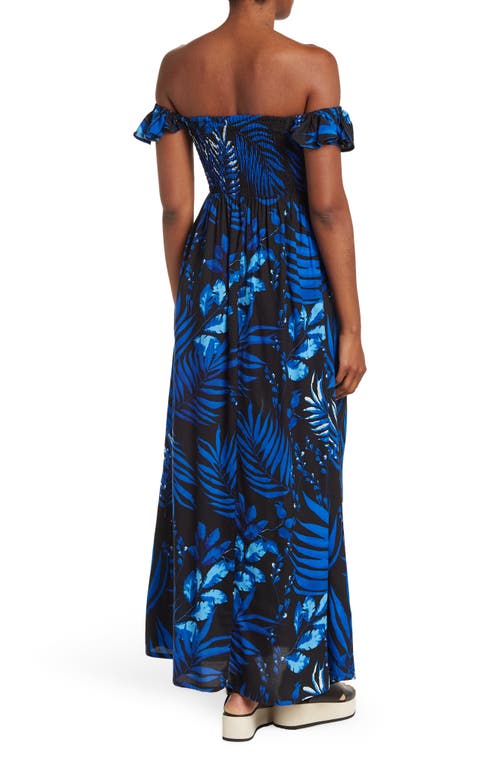 Boho Me Smocked Off-the-shoulder Maxi Swim Cover-up In Navy/black