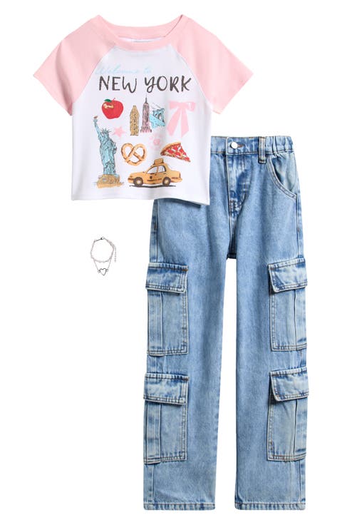 Kids' Raglan Graphic Tee, Cargo Jeans & Bracelet 3-Piece Set