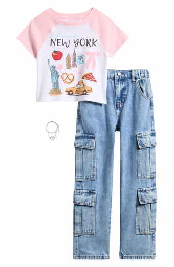 Kids' Raglan Graphic Tee, Cargo Jeans & Bracelet 3-Piece Set