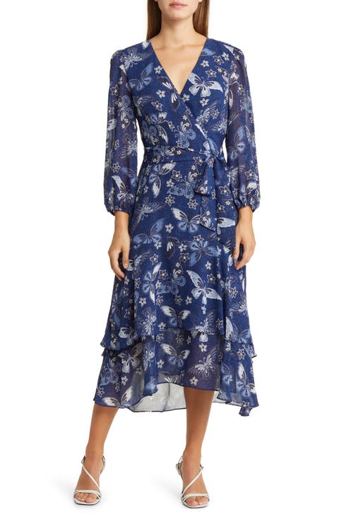 Floral Long Sleeve Faux Wrap Midi Dress
