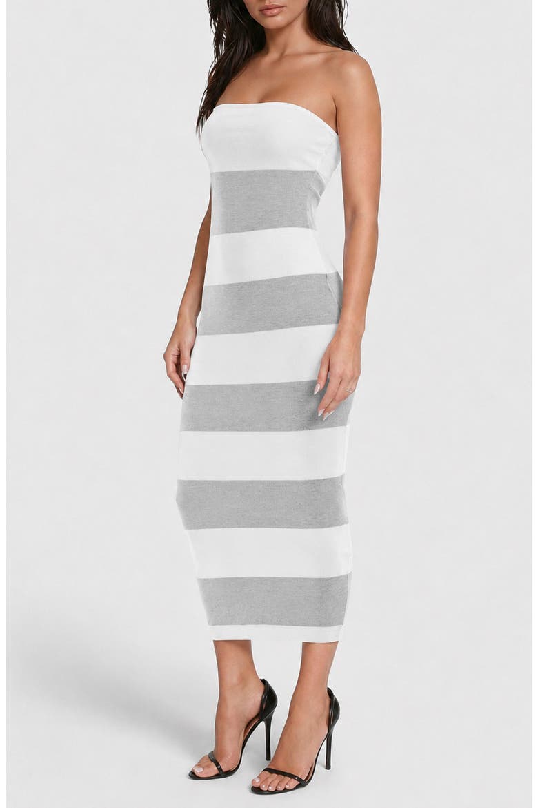 Stripe Strapless Midi Dress, Alternate, color, GRAY/ WHITE