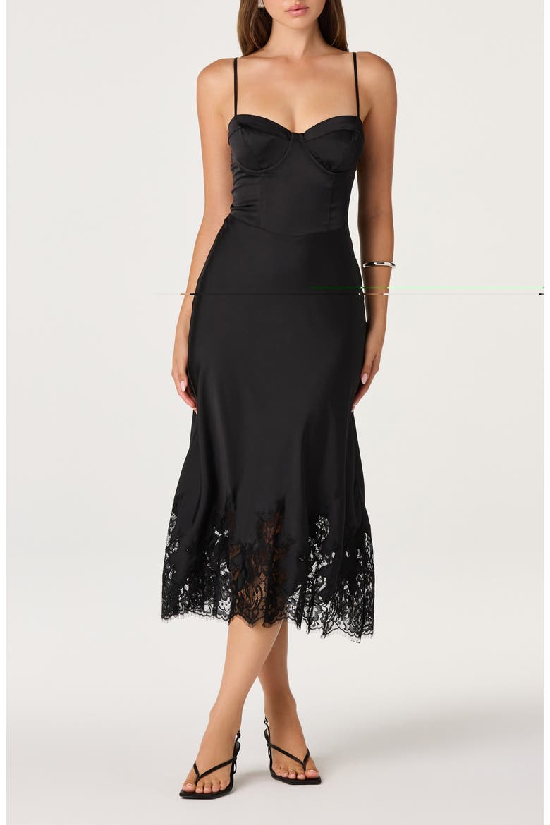 Abrianna Lace Trim Satin Midi Dress, Main, color, BLACK