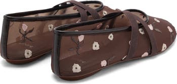 Floral Embroidered Cross Strap Ballerina Flat