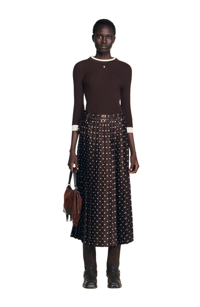 SANDRO Scarf print midi skirt, Alternate, color, Brown / White