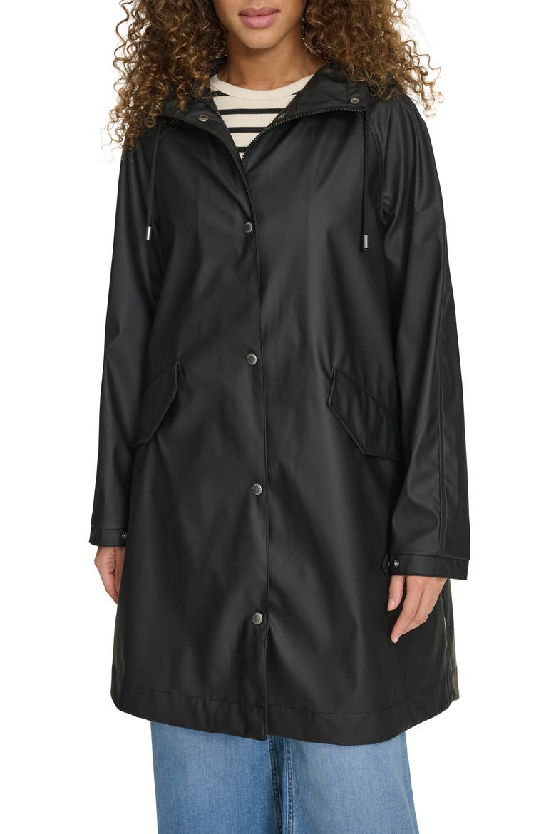 Water Resistant Hooded Long Rain Jacket, Main, color, BLACK
