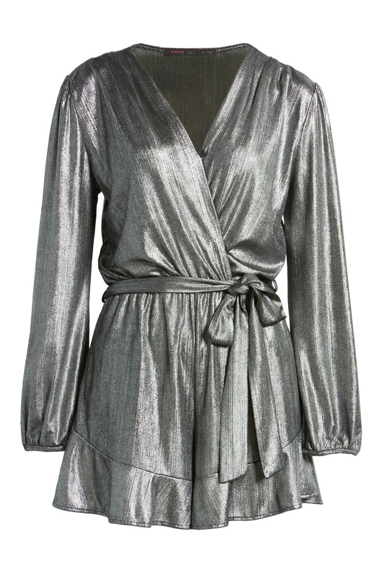 Glitter Flair Ruffle Long Sleeve Tie Waist Romper, Alternate, color, BLACK SILVER