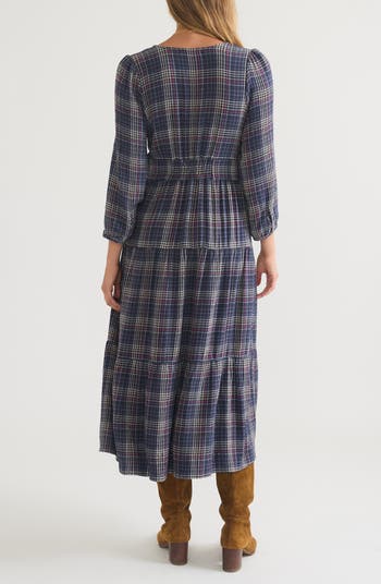 Marine Layer Maeve Plaid Long Sleeve Tiered Maxi Shirtdress