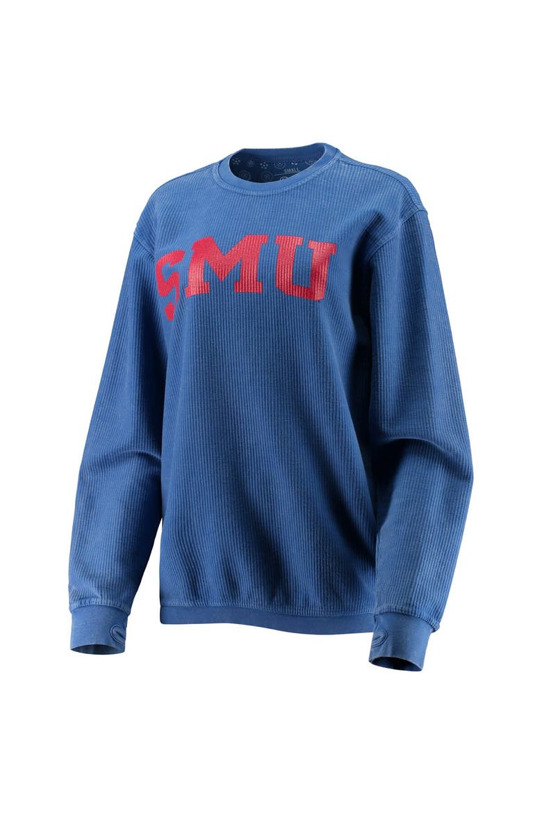 Women's Pressbox Royal SMU Mustangs Comfy Cord Vintage Wash Basic Arch Pullover Sweatshirt, Alternate, color, Royal