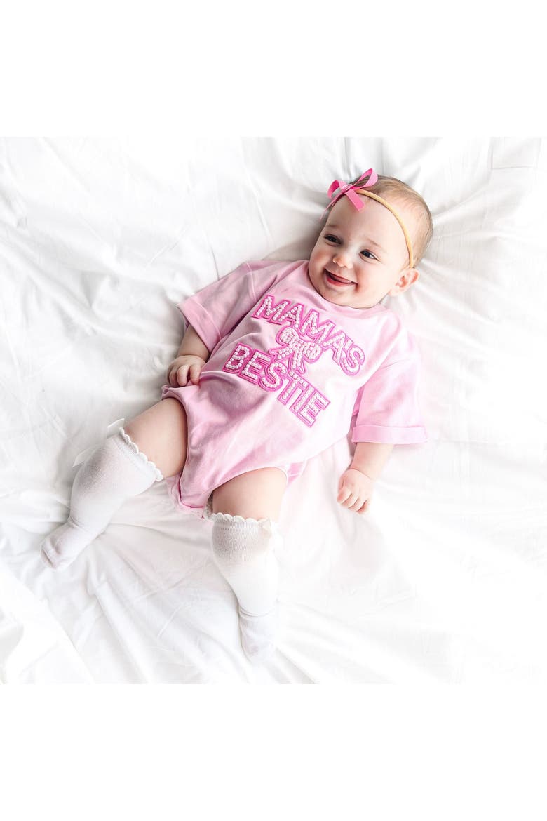 Mama's Bestie Pearl Patch Short Sleeve Romper, Alternate, color, Ballet Pink
