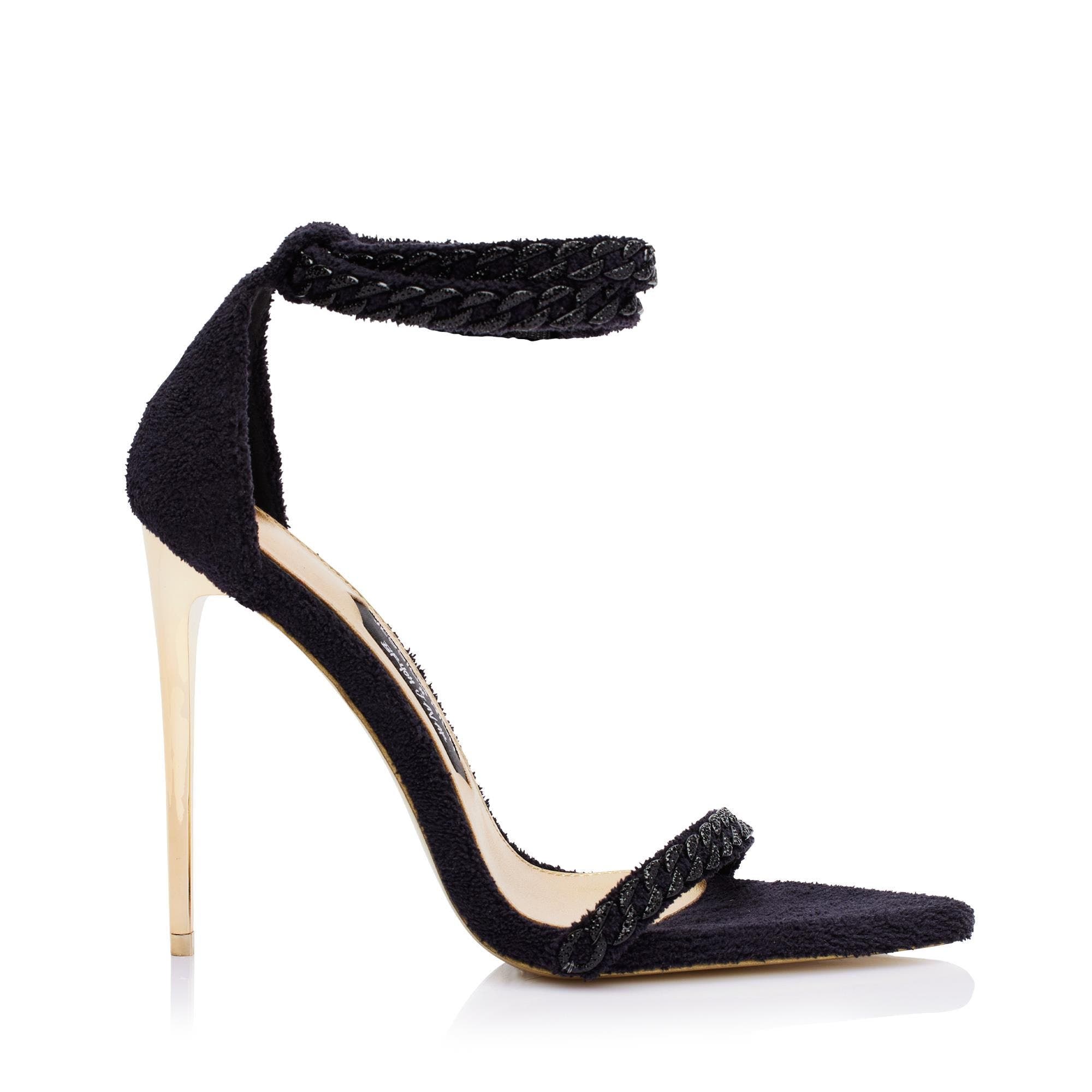 JESSICA RICH This iconic line of must-have heels blends elegance with modern flair, offering the perfect statement piece for any wardrobe. One of the most unique designs in this collection is The Lisa Sandal. This shoe is equal parts cozy and classy with its terry cloth fabric and monochromatic diamanté chain embellishments., Main, color, Noir