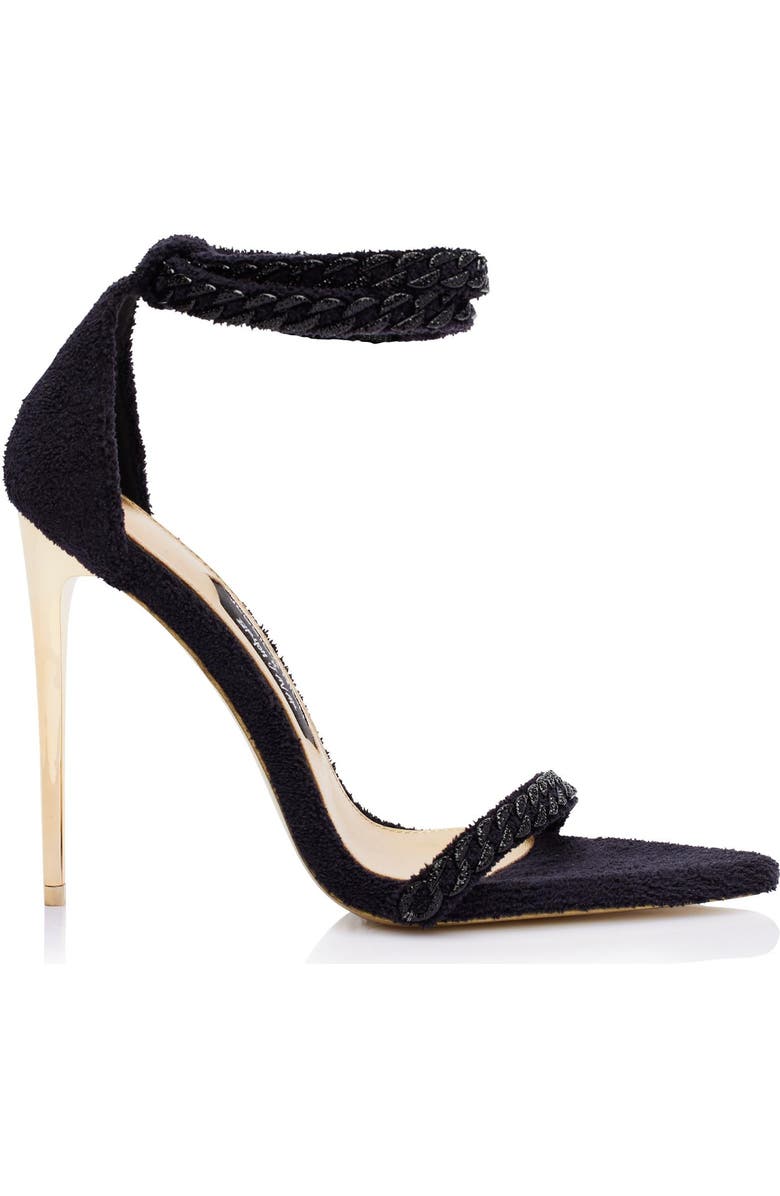 JESSICA RICH This iconic line of must-have heels blends elegance with modern flair, offering the perfect statement piece for any wardrobe. One of the most unique designs in this collection is The Lisa Sandal. This shoe is equal parts cozy and classy with its terry cloth fabric and monochromatic diamanté chain embellishments., Main, color, Noir