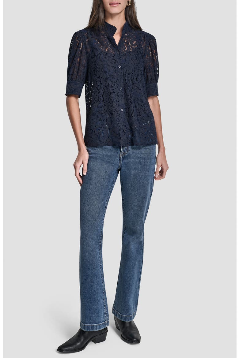 Puff Sleeve Lace Button Front Shirt, Alternate, color, PEACOAT
