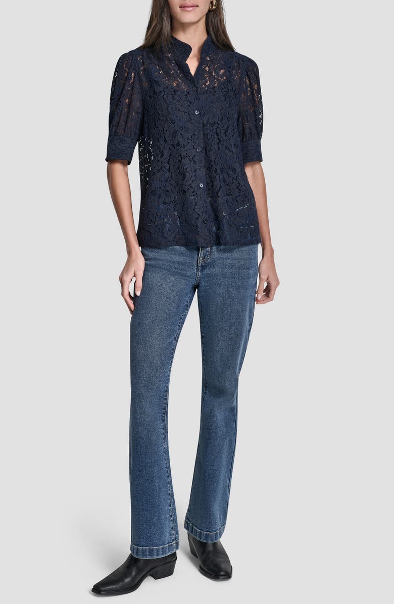 DKNY Jeans Puff Sleeve Lace Button Front Shirt, Alternate, color, Peacoat