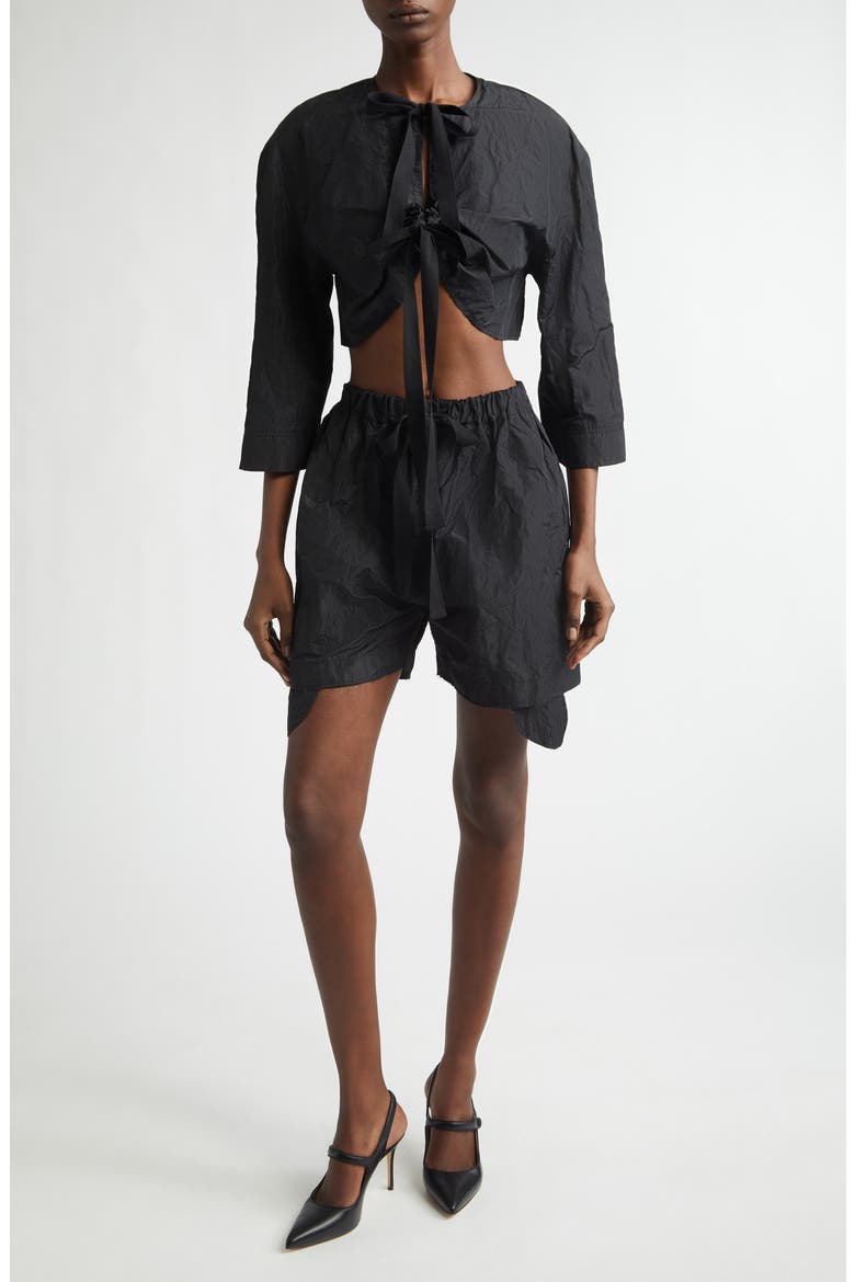 Gigi Raw Edge Crinkled Metallic Satin Shorts, Alternate, color, BLACK