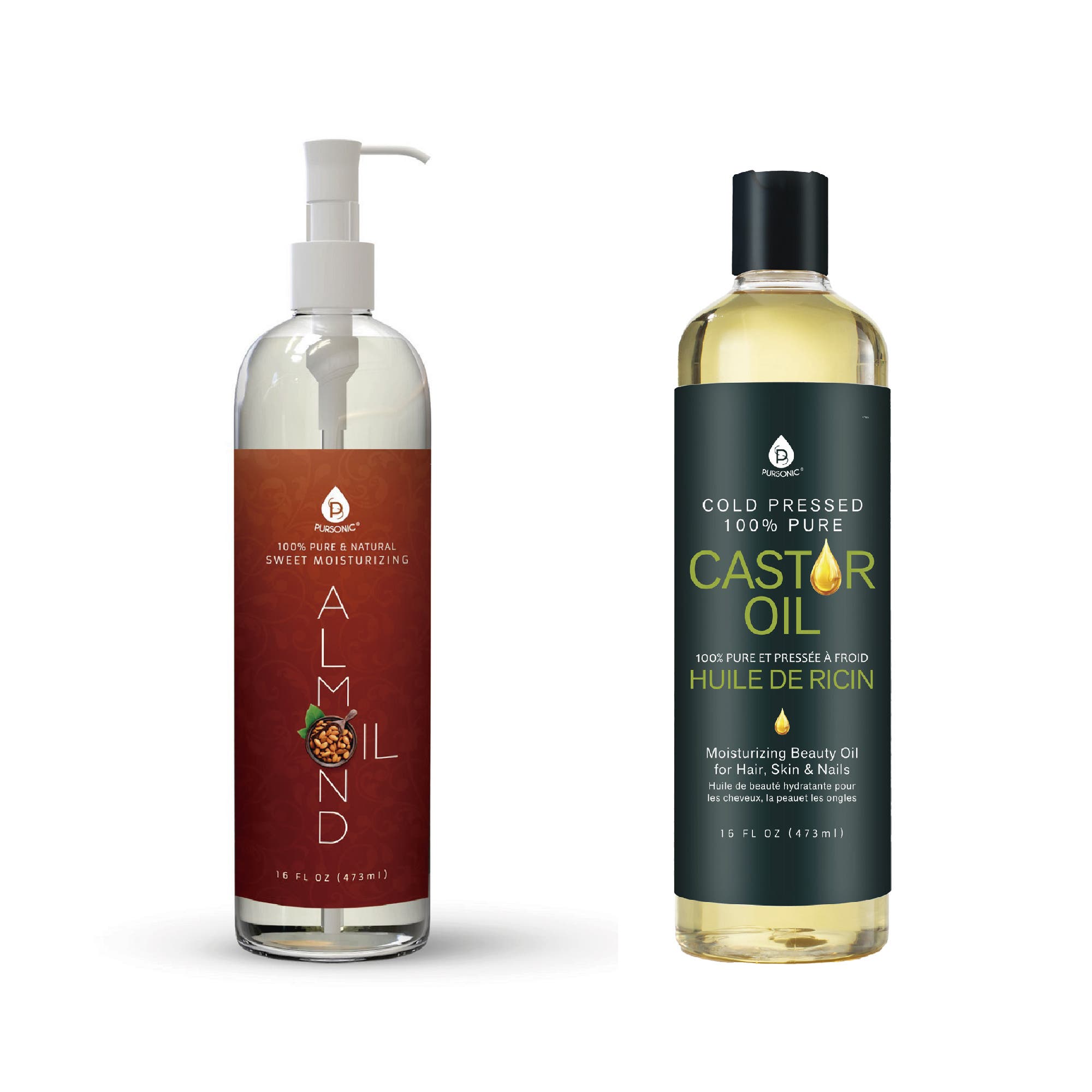 Pursonic Cold-pressed 100% Pure Castor Oil & 100% Natural Sweet Almond Oil In White