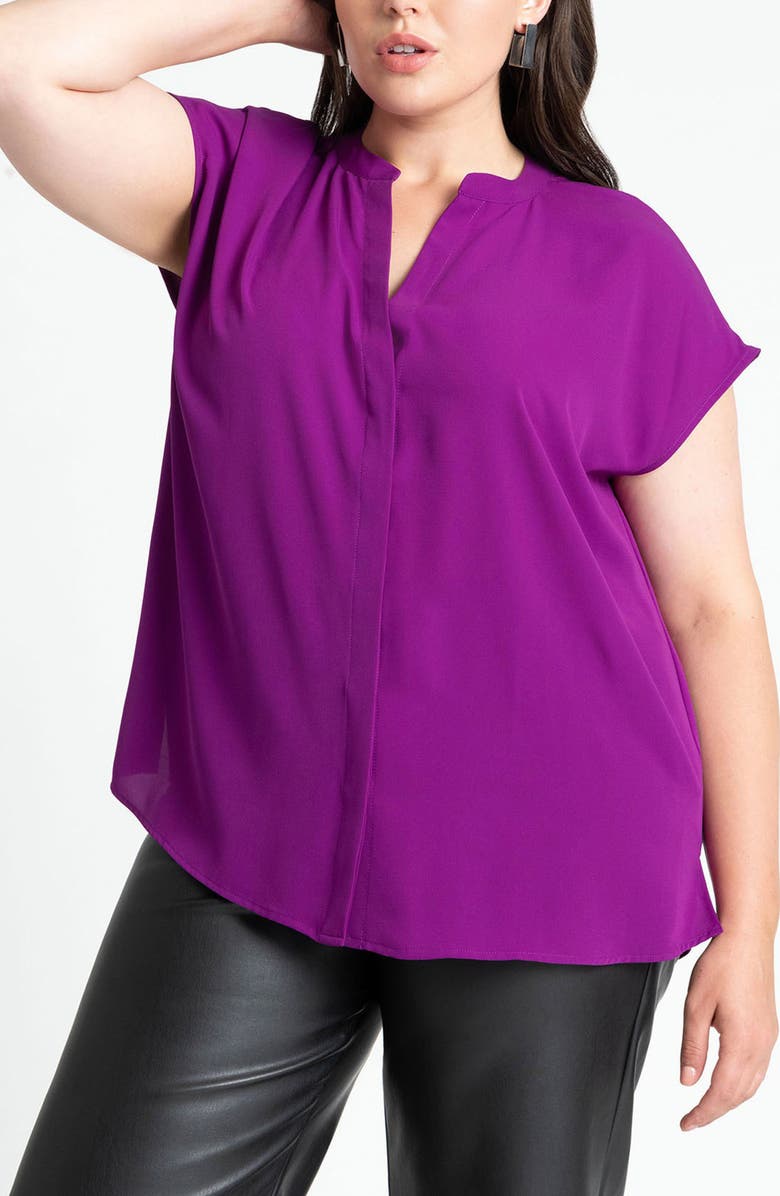 ELOQUII Short Sleeve Band Collar Shirt, Main, color, 