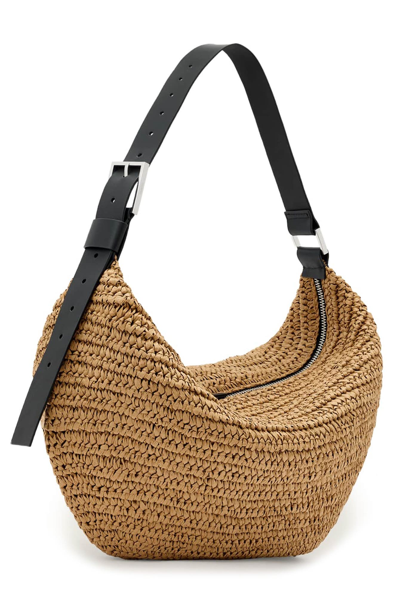 AllSaints Luna Woven Straw Shoulder Bag, Alternate, color, Biscuit Brown