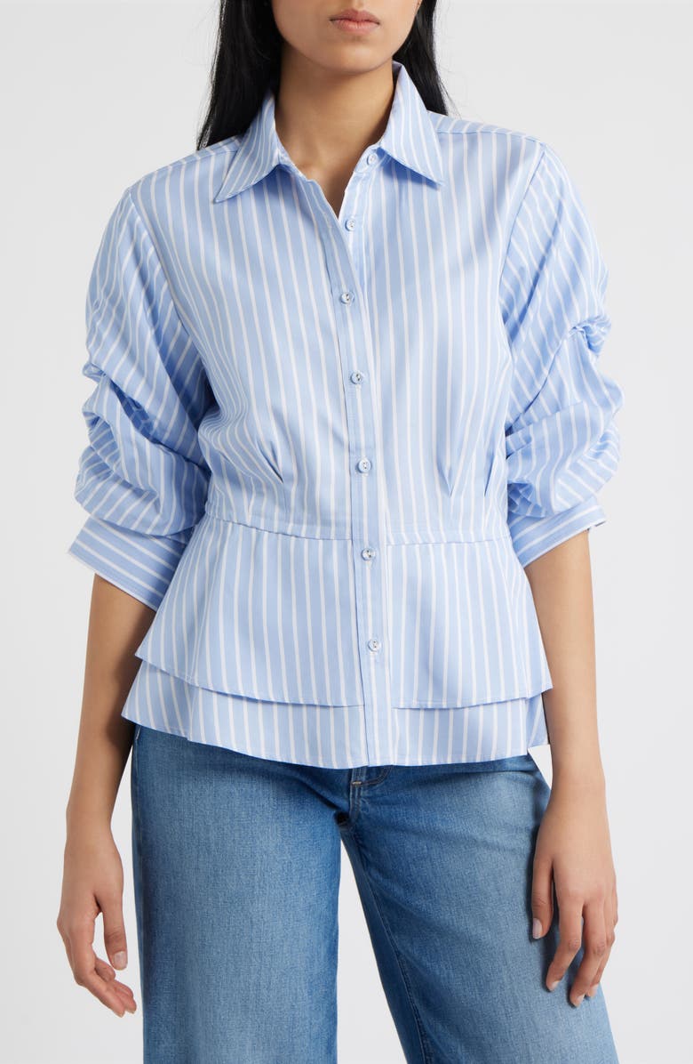 Wit & Wisdom Pinstripe Button-Up Tiered Peplum Shirt, Main, color, Oxford Blue/ Off White