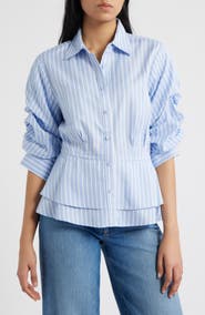 Wit & Wisdom Pinstripe Button-Up Tiered Peplum Shirt