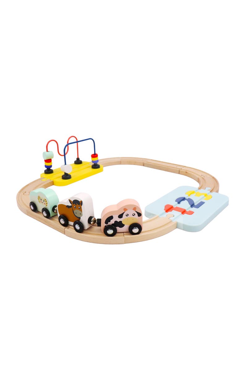 Leo & Friends Wooden Railway 123 Puzzle and Bead Set 18-Pieces, for 18M-Old+, Main, color, Yellow