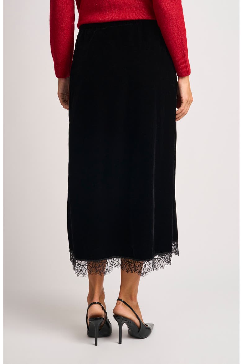 Lace Trim Velvet Midi Skirt, Alternate, color, RICH BLACK 060