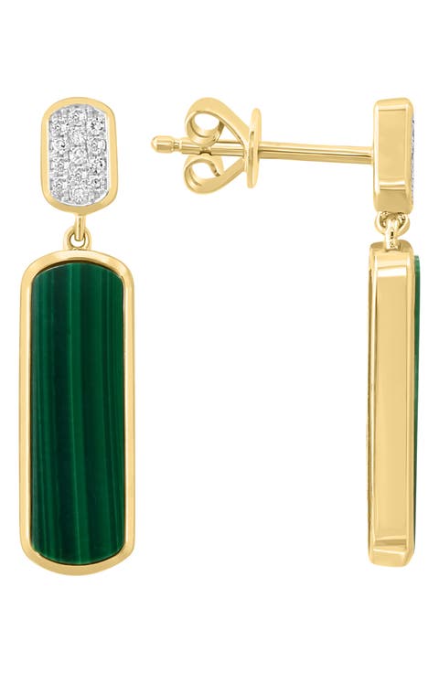 14K Yellow Gold Pavé Diamond & Malachite Drop Earrings - 0.07ct.