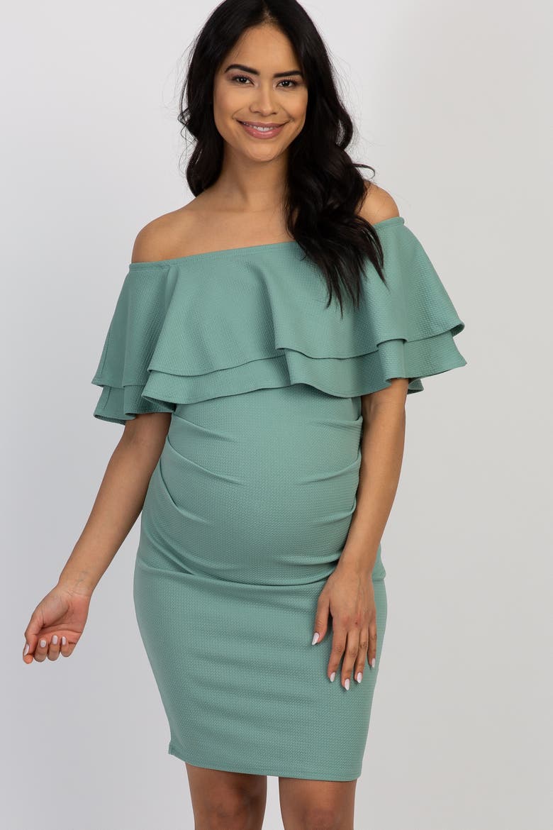 Off Shoulder Fitted Maternity Dress, Alternate, color, Light Olive