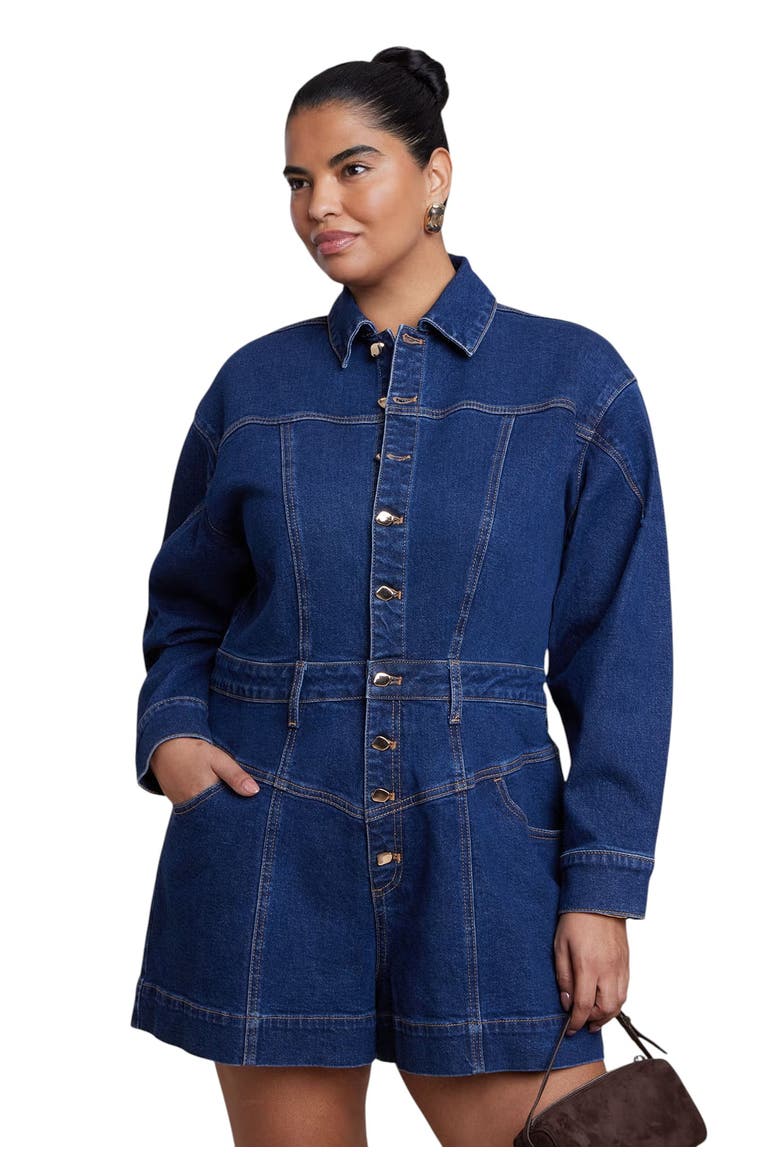 Denim Romper, Alternate, color, DARK WASH