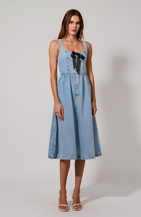 Denim Midi Dress with Bow Detail