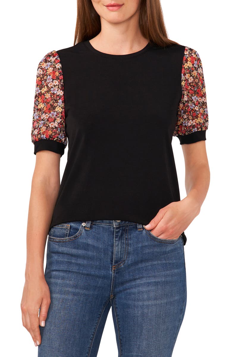 CeCe Mixed Media Floral Puff Sleeve Top, Main, color, 