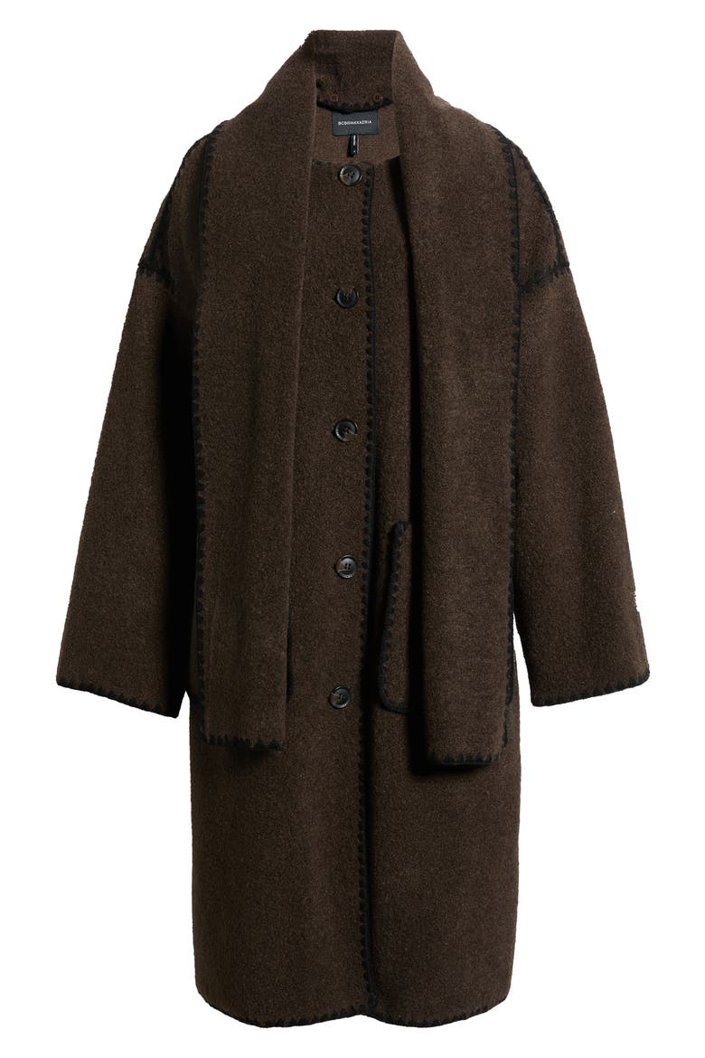 Embroidered Bouclé Coat with Scarf, Alternate, color, CHOCOLATE