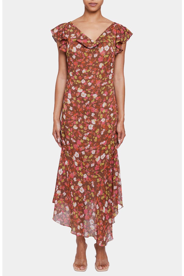 Laurel Flutter Cap Sleeve Midi Dress in Floral Crinkle Georgette with Lurex, Main, color, POPPY MULTI