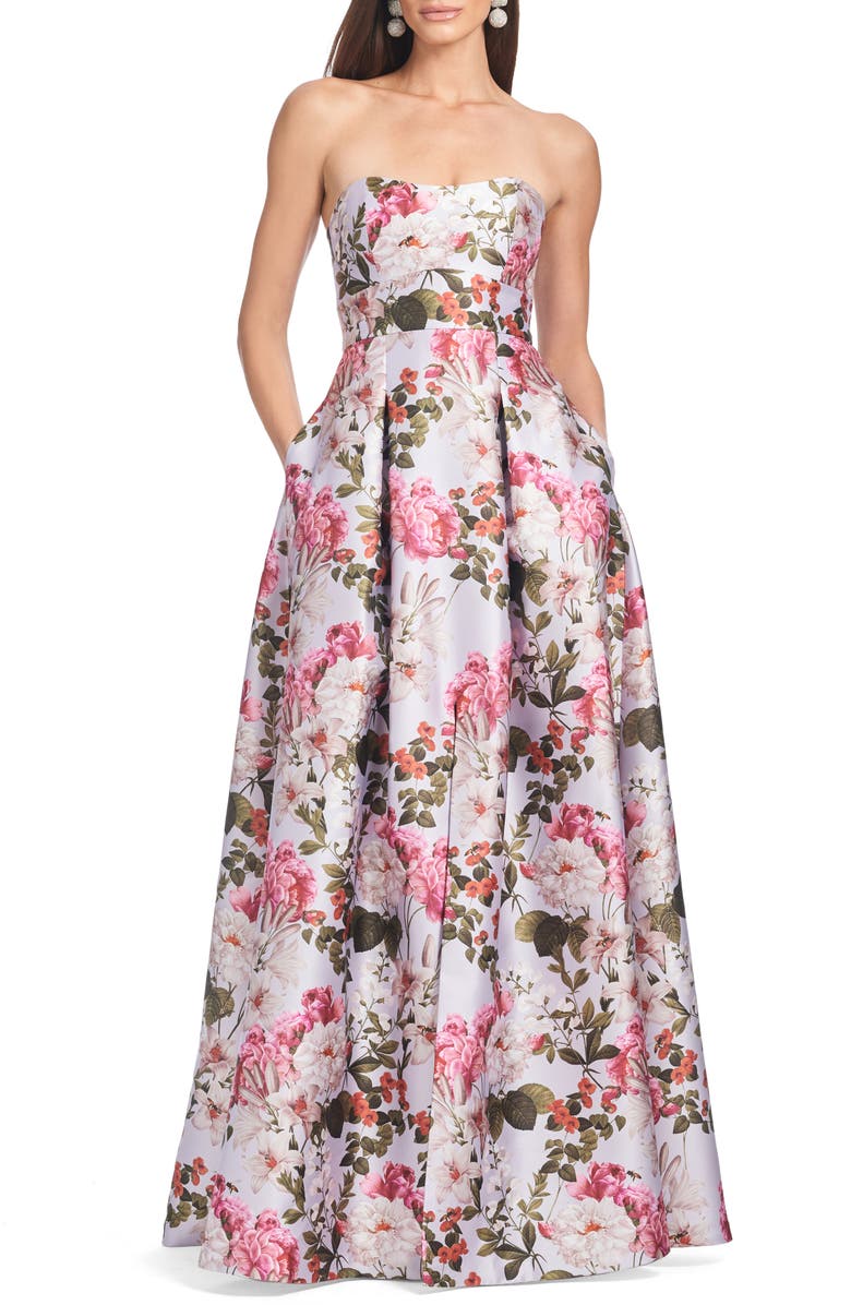 Sachin & Babi Giovanna Floral Mikado Satin Strapless Gown, Main, color, Perwinkle And Petals