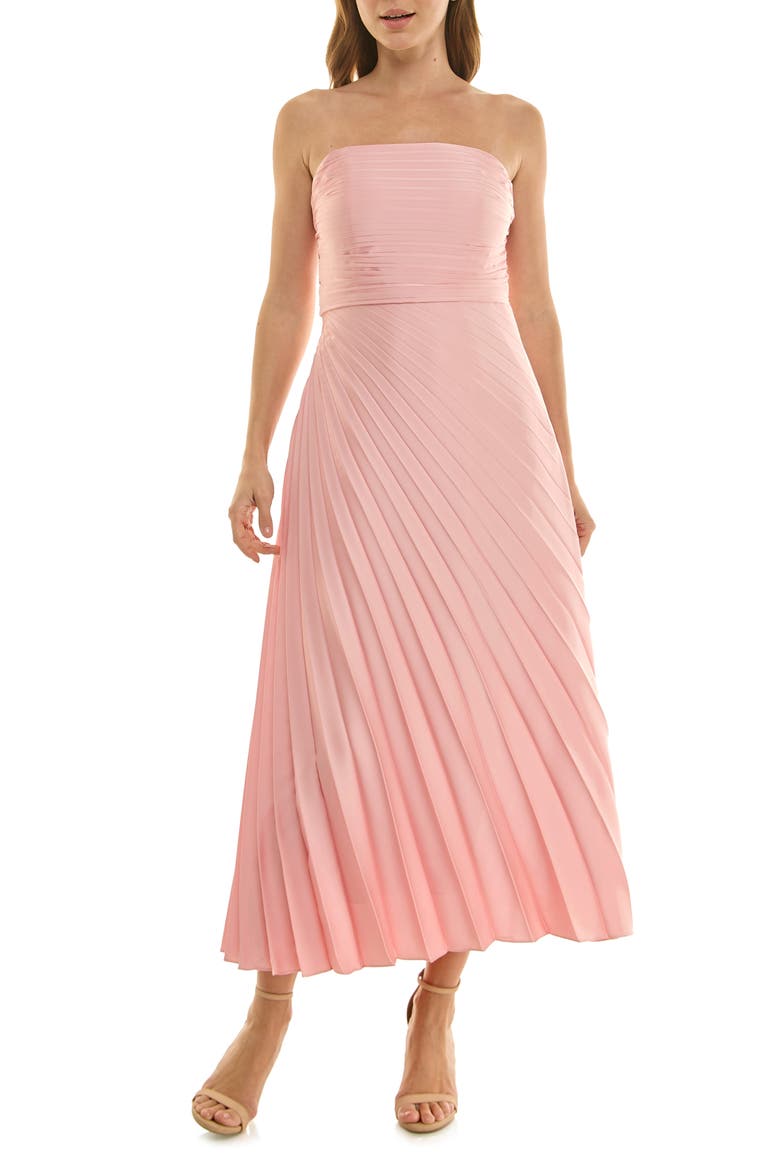 Pleated Strapless Satin Cocktail Dress, Main, color, CRYSTAL ROSE
