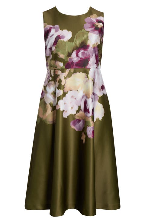 Placed Floral Sleeveless Satin Midi Dress