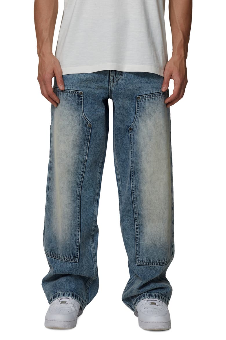 Straight Leg Double Knee Wash Jeans, Main, color, Blue
