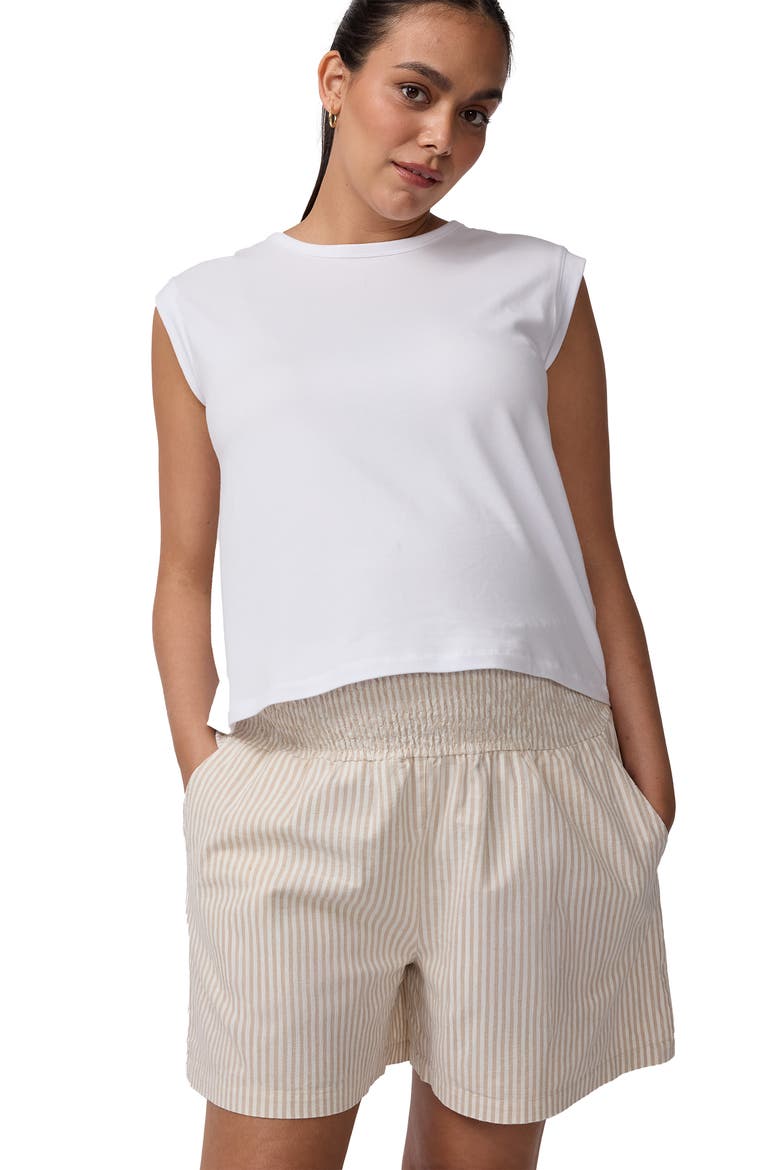 Smocked Linen Short, Alternate, color, Tan/White Stripe