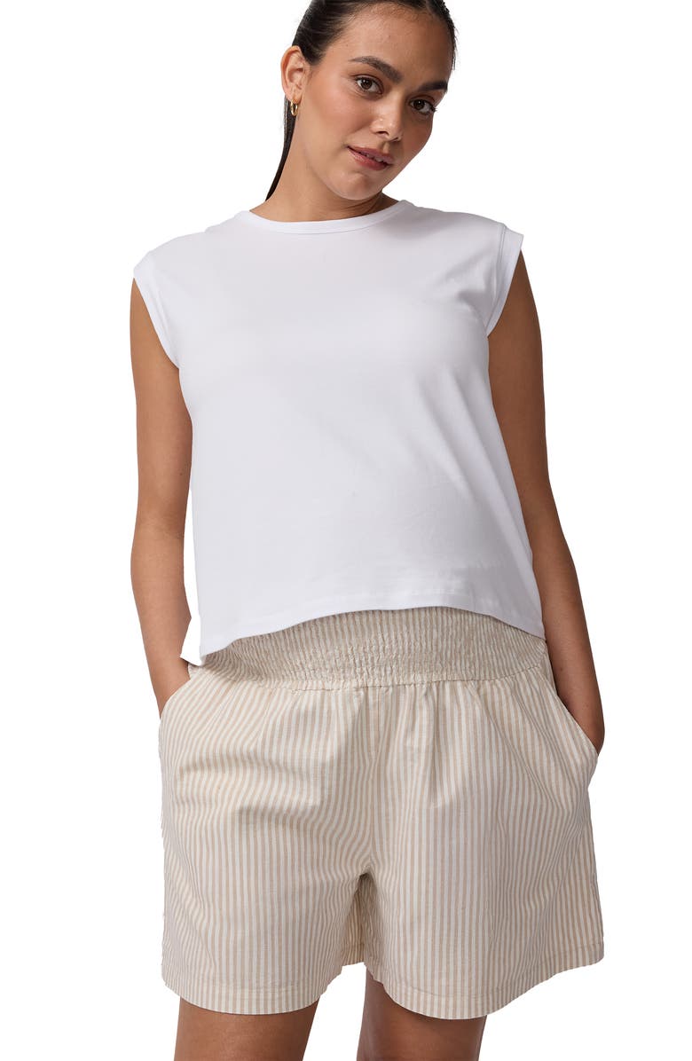 Ingrid & Isabel Smocked Linen Short, Alternate, color, Tan/White Stripe