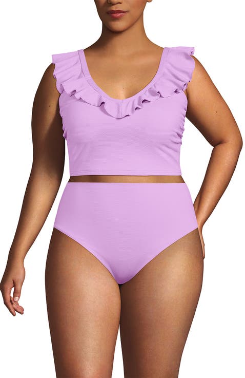 Plus Size Pique Ruffle Tankini Top and High Waisted Bottom Swimsuit Set