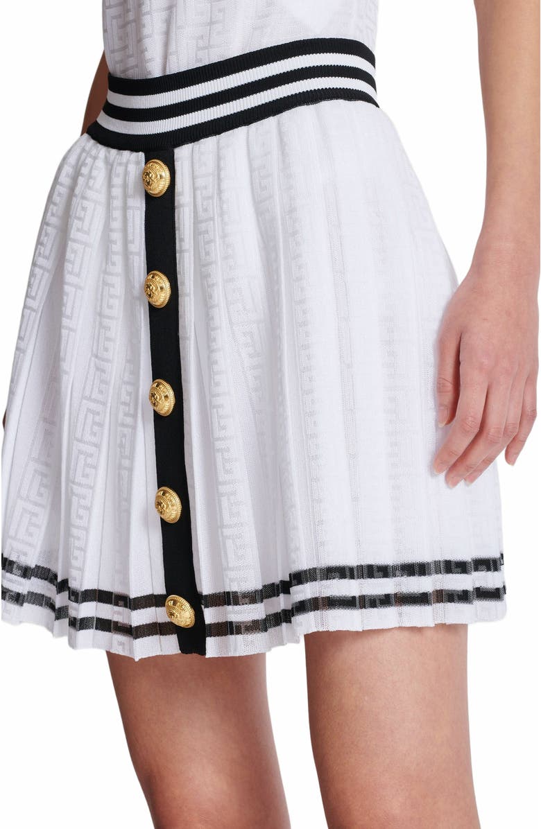 Balmain Pleated Monogrammed Knit Skirt, Alternate, color, 