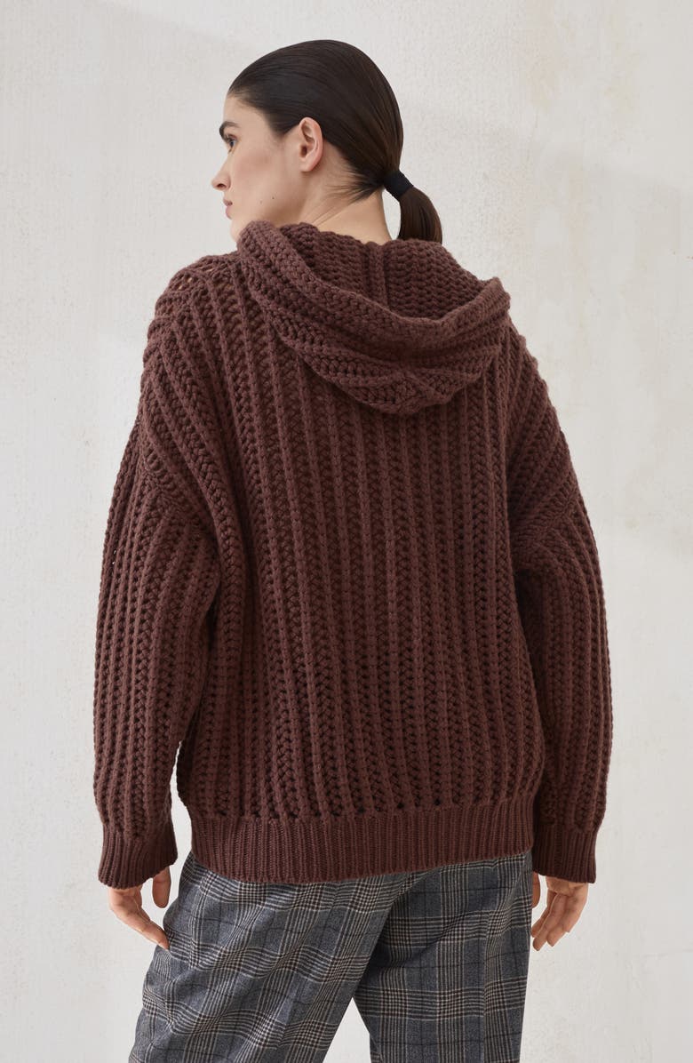 Brunello Cucinelli Ribbed openwork cardigan, Alternate, color, Brown