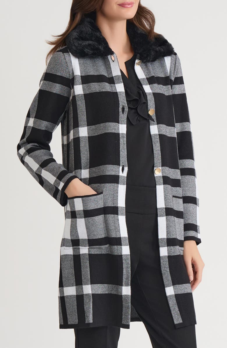 KASPER Plaid Coat with Faux Fur Collar, Alternate, color, Black/ White