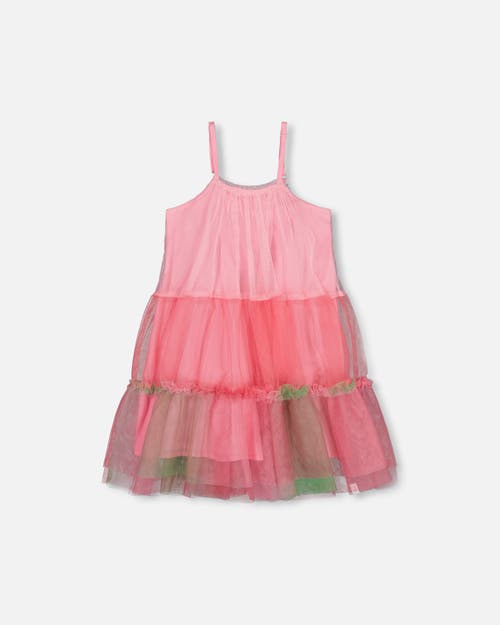 Deux Par Deux Little Girl's Sleeveless Color Block Tulle Dress Pink And Green In Pink And Green