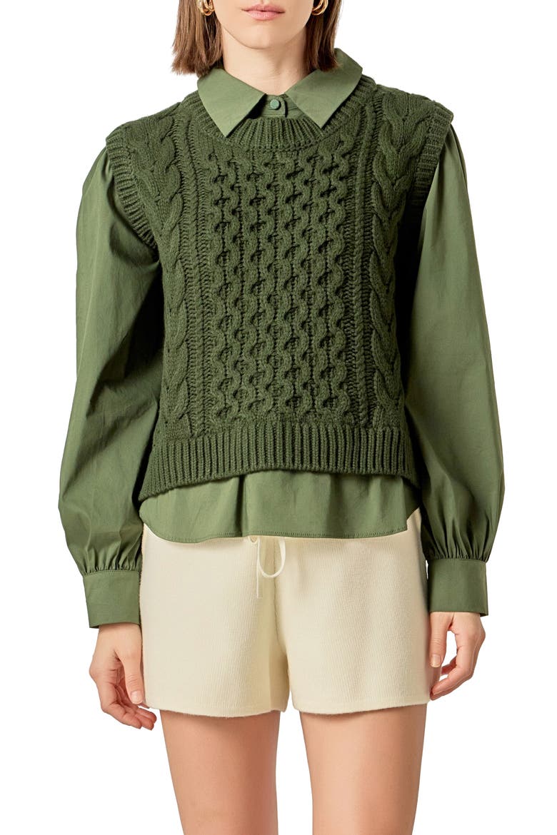 Mixed Media Cable Stitch Sweater, Main, color, OLIVE