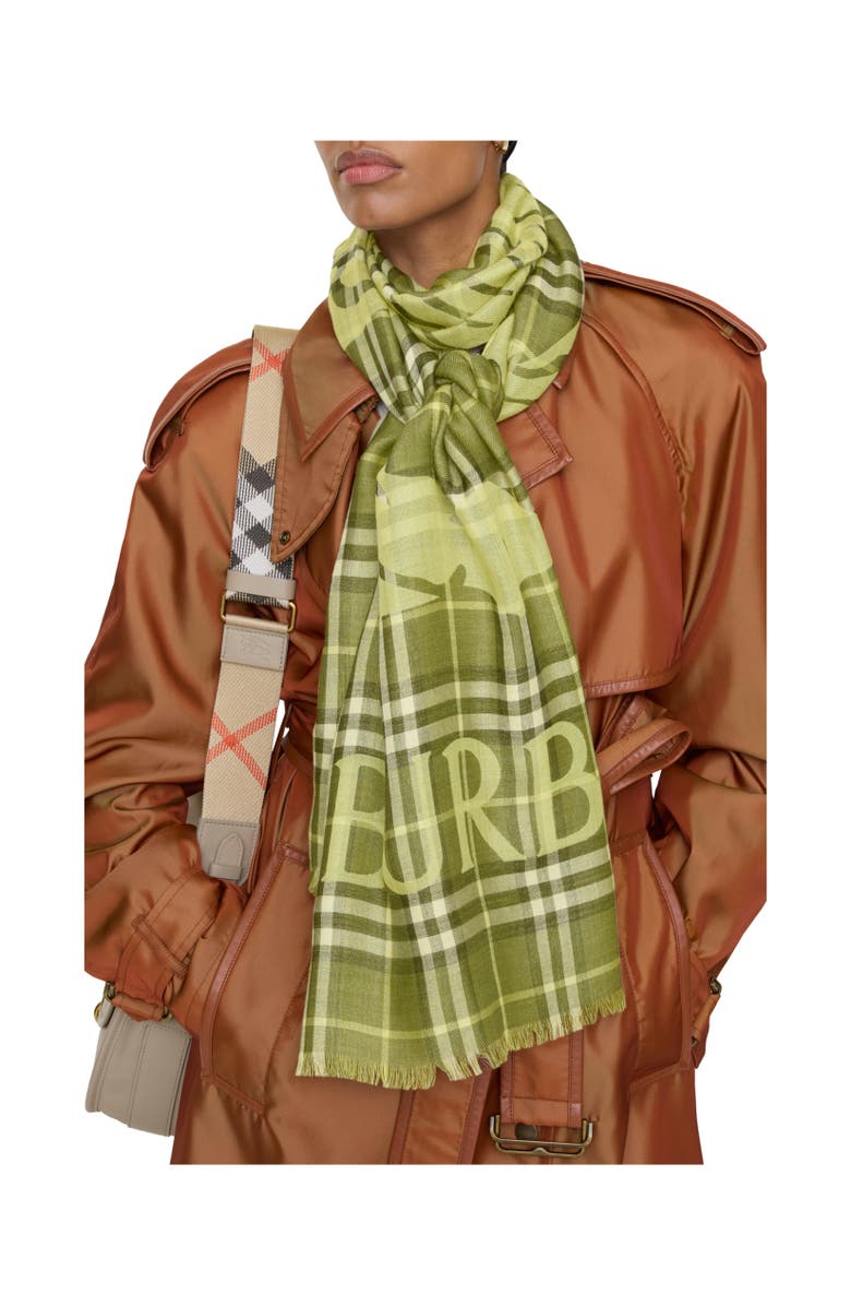 Burberry Wide EKD Check Wool Silk Scarf, Alternate, color, Pea Green