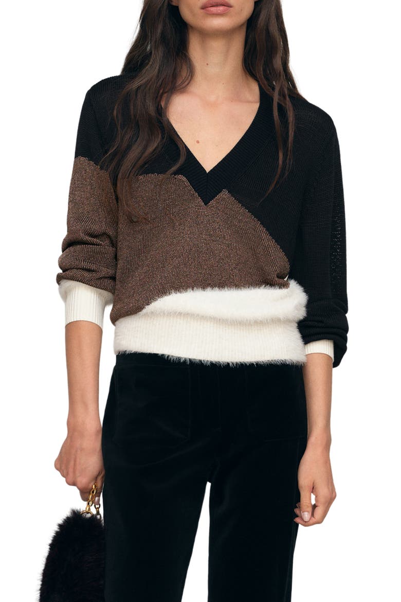 Harley Metallic Colorblock V Neck Sweater, Main, color, BLACK/ WHITE/ MET