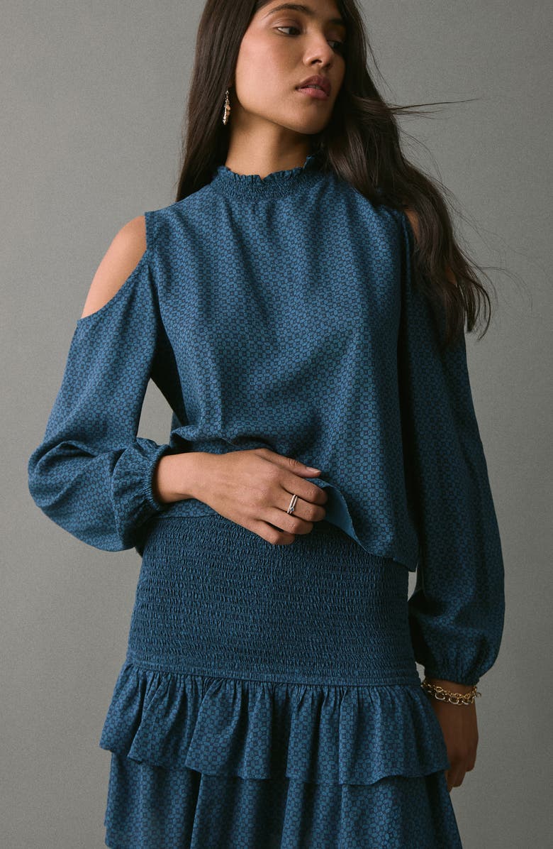 MANGO TEEN Tired Ruffle Print Skirt, Alternate, color, Navy